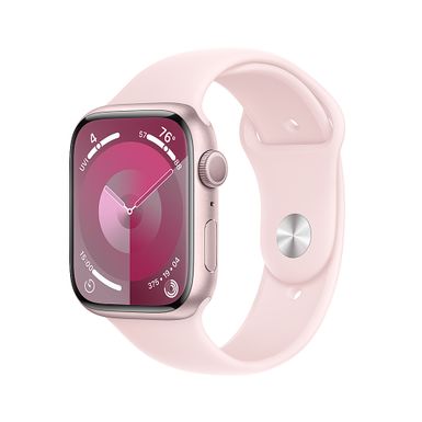 image of Apple Watch Series 9 (GPS) 45mm Pink Aluminum Case with Light Pink Sport Band - S/M - Pink with sku:bb21207415-6340289-bestbuy-apple