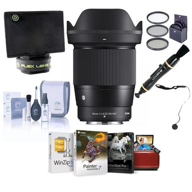 Sigma 16mm f/1.4 DC DN Contemporary Lens for Fujifilm X Bundle With 67mm Filter Kit, Cleaning Kit, Cap Keeper, Flex Lens Shade, Lens Cleaner, Corel Mac Software Kit