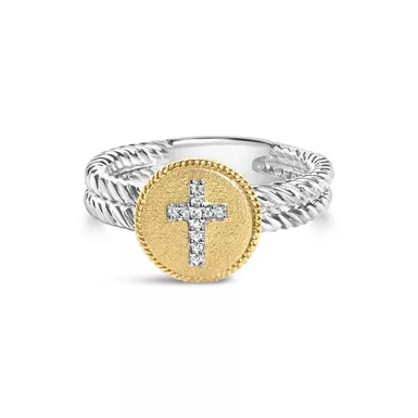 18K Yellow Gold Plated .925 Sterling Silver Diamond Cross Ring with Satin Finish (I-J Color, SI1-SI2 Clarity) Choice of size