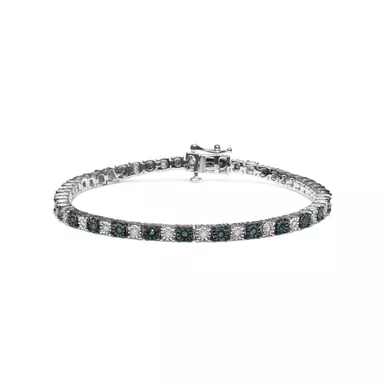 .925 Sterling Silver 1.0 Cttw with Alternating Round White Diamond and Round Treated Blue Diamond Tennis Bracelet (Blue and I-J Color, I3 Clarity) - Size 7" Inches