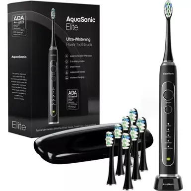 image of AquaSonic - Elite - Wireless Rechargeable Electric Toothbrush with Travel Case, 5 Modes, 8 Brush Heads - Black with sku:bb22285818-bestbuy