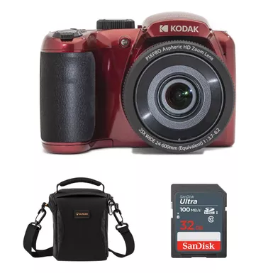 image of KODAK PIXPRO Astro Zoom AZ255 16MP Full HD Digital Camera, Red, Bundle with Shoulder Bag and 32GB Memory Card with sku:ikkaz255rdk-adorama