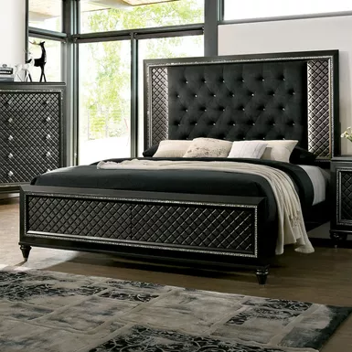 Contemporary Wood Tufted Panel Cal King Bed in Metallic Gray