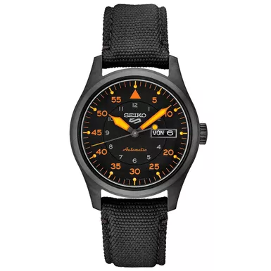 image of Seiko - Mens Seiko 5 Sport Automatic Black & Orange Nylon Strap Watch Black Dial with sku:srph33-electronicexpress