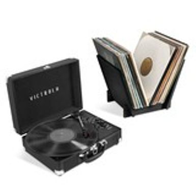 image of Victrola Journey+ Bluetooth Suitcase Record Player with Matching Record Stand - Black with sku:bb21672347-6440940-bestbuy-victrola
