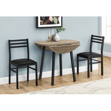 image of DINING SET - 3 PIECES / ROUND DROP-LEAF DINING TABLE / 2 CHAIRS - DARK TAUPE WOOD-LOOK / BLACK METAL with sku:i1003-monarch