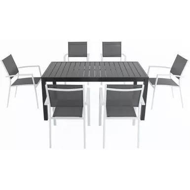 image of Naples 7pc: 6 Aluminum Sling Chairs, 63x35" Aluminum Slat Table with sku:napdns7pc-wht-almo