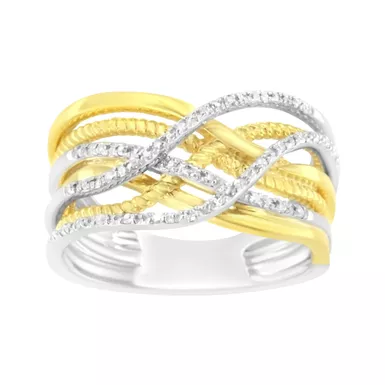 10K Yellow Gold Plated .925 Sterling Silver 1/10 Cttw Diamond Multi Row Crossover Ring Band (I-J Color, I1-I2 Clarity) - Choice of size