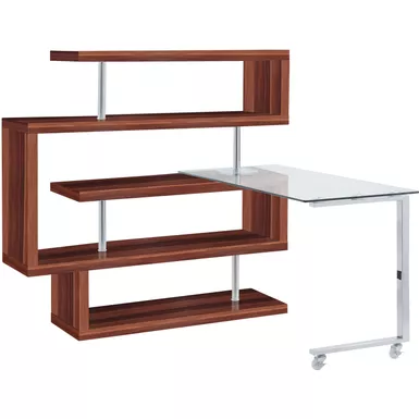 ACME Buck II Writing Desk w/Bookshelf, Clear Glass, Chrome & Walnut High Gloss Finish