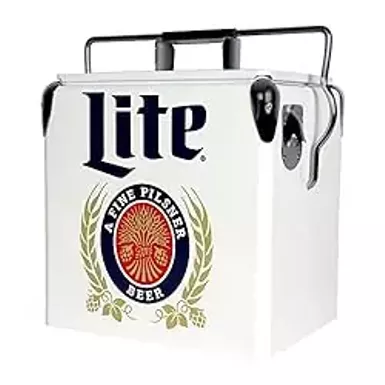image of Miller lite Retro Ice Chest Cooler with Bottle Opener 13 L /14 Quart, Red and Silver, Vintage Style Ice Bucket for Camping, Beach, Picnic, RV, BBQs, Tailgating, Fishing with sku:b09d3f4xnk-amazon