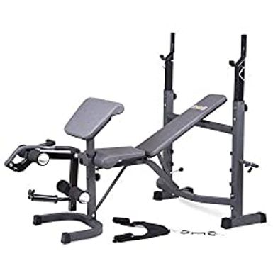 image of Body Champ Olympic Weight Bench, Workout Equipment for Home Workouts, Bench Press with Preacher Curl, Leg Developer and Crunch Handle for At Home Workouts, Dark Gray/Black, BCB5860 with sku:b00ojx90uu-hup-amz