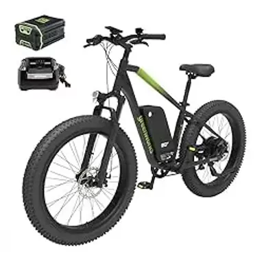 image of Greenworks 80V 26" (All-Terrain) Fat Tire Mountain Electric Bike for Adults (Brushless Rear Hub Motor), 7-Speed, Up to 20 MPH, Dual Disc Brakes, Pedal Assist with 4Ah Battery and Rapid Charger with sku:b0cq8r6m4x-amazon