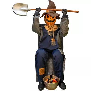 Motion Activated Smiling Jack the Sitting Scarecrow by Tekky, Premium Talking Halloween Animatronic, Plug-In or Battery