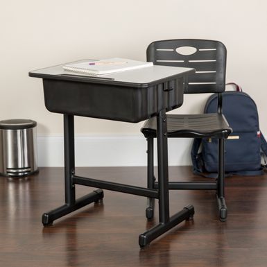 image of Adjustable Height Student Desk and Chair with Pedestal Frame - Set of 3 - 23.625"W x 17.75"D x 28.25" - 31.5"H - Grey with sku:lwcdyyg5-bgtr5ju9ym-cqstd8mu7mbs-fla-ovr
