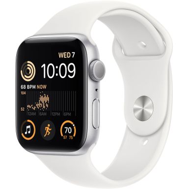 image of Apple Watch SE 2nd Generation (GPS) 44mm Aluminum Case with White Sport Band - M/L - Silver with sku:bb21207703-6340247-bestbuy-apple