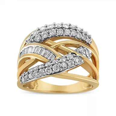 10K Yellow and White Gold 1.0 Cttw Round and Baguette-Cut Diamond Multirow Interwoven Cocktail Ring (I-J Color, I2-I3 Quality) - Size 8