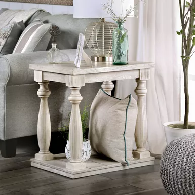 image of Rustic Wood Open Shelf End Table in Antique White with sku:idf-4520e-foa
