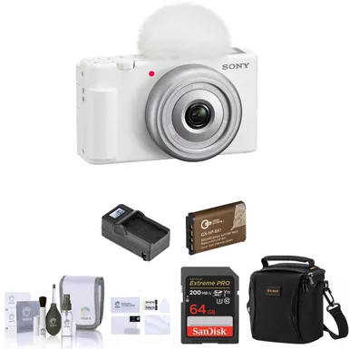 image of Sony ZV-1F Vlogging Camera, White Bundle with 64GB SD Card, Shoulder Bag, Extra Battery, Charger, Screen Protector, Cleaning Kit with sku:isozv1fwek-adorama