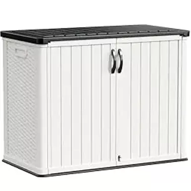 Greesum Outdoor Storage Deck Box Cabinet 150 Gallon, Horizontal Resin Storaged Shed, Pad-Lockable, Waterproof and UV Protection for Garden, Garage, Lawn, Without Shelf, White