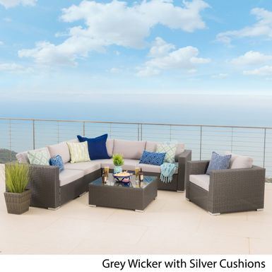 image of Santa Rosa Outdoor 7-piece Wicker Seating Sectional Set with Cushions by Christopher Knight Home - Grey with sku:h0i3fcmycnsljqbfxtzmogstd8mu7mbs-overstock