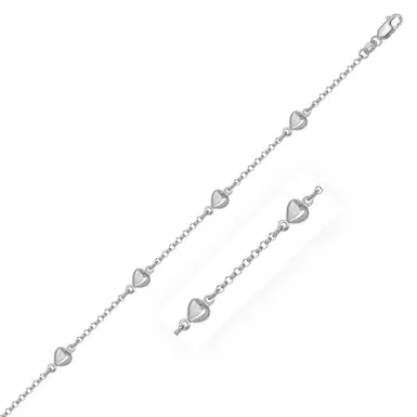 14k White Gold Rolo Chain Bracelet with Puffed Heart Stations (7 Inch)