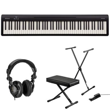 image of Roland FP-10 88-Key Digital Piano, Bundle with Keyboard Stand, Keyboard & Piano Bench, Sustain Pedal , Closed-Back Studio Monitor Headphones with sku:rofp10bkd-adorama