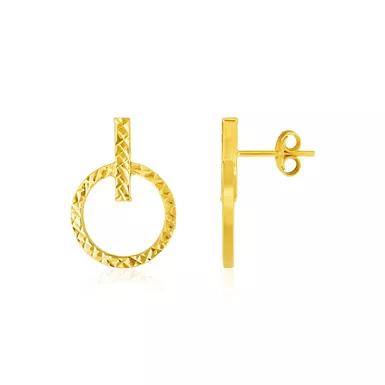 14k Yellow Gold Textured Circle and Bar Post Earrings