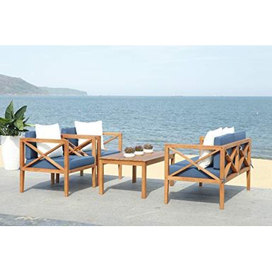 Safavieh PAT7031E Collection Nunzio Teak and Navy 4 Pc Accent Pillows Outdoor Set, Natural