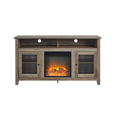 image of Walker Edison - 58" Tall Glass Two Door Soundbar Storage Fireplace TV Stand for Most TVs Up to 65" - Grey Wash with sku:bb21576255-6417014-bestbuy-walkeredison