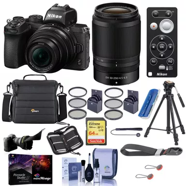 image of Nikon Z50 DX-Format Mirrorless Camera with Z DX 16-50mm f/3.5-6.3 VR & Z DX 50-250mm f/4.5-6.3 VR Lenses - Bundle With Camera Case, 64GB SDXC Card, Tripod, 62/46mm Filter Kit, Pro software, And More with sku:nkz50k2b-adorama