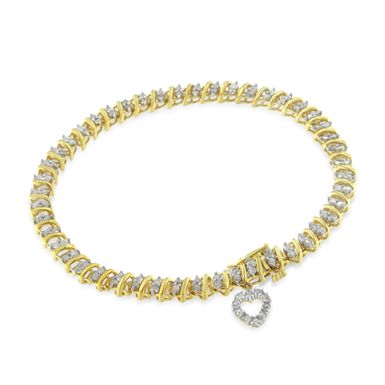 image of Yellow Gold-Plated Sterling Silver 2ct TDW Diamond Heart Charm Bracelet (I-J, I3-Promo) with sku:60-7040ydm-luxcom