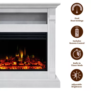 image of Sienna 34-In. Electric Fireplace Heater with White Mantel, Enhanced Log Display, Multi-Color Flames, and Remote Control with sku:cam3437-1whtlg3-almo