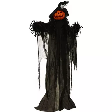 Life-Size Poseable Pumpkin Witch with Lights and Sound, Indoor/Covered Outdoor Halloween Decoration