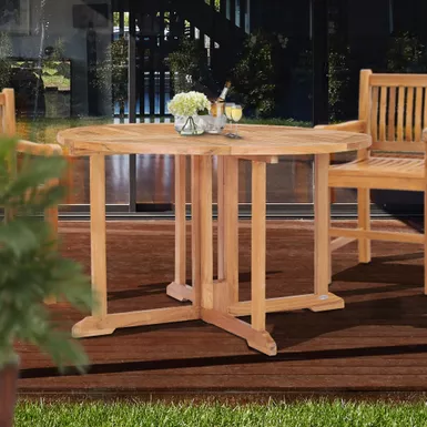image of Chic Teak Butterfly Round Teak Wood Outdoor Patio Folding Dining Table, 47 Inch - Brown with sku:onwseqm7r1isdxi7wogfhwstd8mu7mbs-overstock