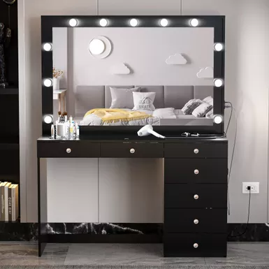image of Boahaus Makeup Vanity Desk, 7 Drawers, Lights, Black, USB Outlet - Rose Gold Crystal Ball Knobs with sku:j7_ulcudgxqlpot3lqwdyastd8mu7mbs-overstock