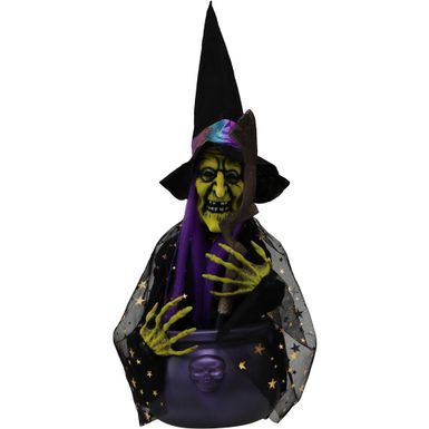 2-Ft. Cat the Animatronic Witch with Cauldron, Indoor or Covered Outdoor Halloween Decoration, LED Lights, Battery-Operated