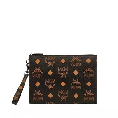 MCM Aren Wristlet Zip Flat Pouch Maxi Monogram Leather (Medium, Black)