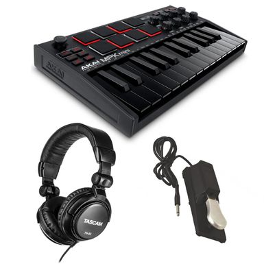 image of Akai MPK Mini MK3 25-Key MIDI Controller, Black Bundle with Studio Monitor Headphones, Sustain Pedal with sku:akmpkmini3bd-adorama