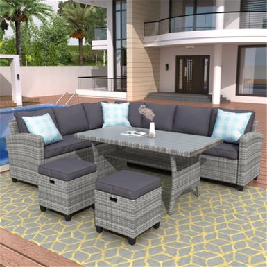 image of Direct Wicker 5 Piece Outdoor Wicker Sectional Sofa Couch Dining Table Chair with Ottoman and Throw Pillows - Beige/Black with sku:bxrjlnqsewx_isiyapelhgstd8mu7mbs-dir-ovr
