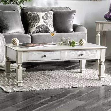 Transitional Wood 4-Drawer Coffee Table in Antique White