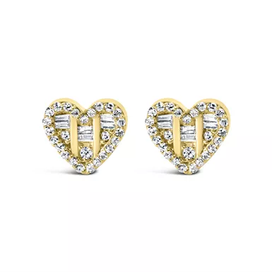 14K Yellow Gold Plated .925 Sterling Silver 1/2 Cttw Round and Baguette Diamond Composite Heart Shaped Stud Earring (I-J Color, SI2-I1 Clarity)