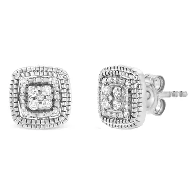 image of .925 Sterling Silver 1/10 Cttw Prong-Set Round Cut Diamond Square Shape with Milgrain Halo Stud Earrings (I-J Color, I2-I3 Clarity) with sku:70-5990wdm-luxcom