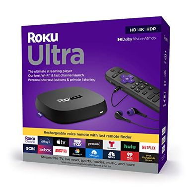 image of Roku Ultra 2022 4K/HDR/Dolby Vision Streaming Device and Roku Voice Remote Pro with Rechargeable Battery, Hands-Free Voice Controls, Lost Remote Finder, and Private Listening with sku:4802r-electronicexpress