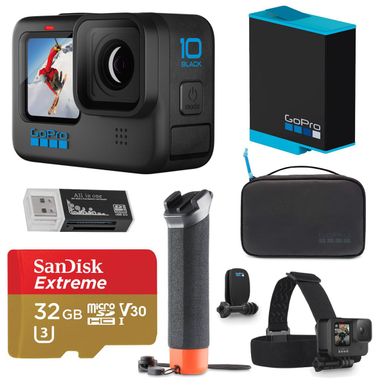 image of GoPro HERO10 Black, Waterproof Action Camera, 5.3K60/4K Video, 1080p Live Streaming, Bundle with Adventure Kit, Extra Battery, 32GB microSD Card, Card Reader with sku:gphero10d-adorama