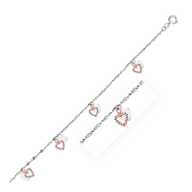 image of 14k White and Rose Gold Anklet with Dual Heart Charms (10 Inch) with sku:74978-10-rcj