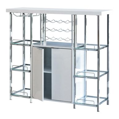 2-door Bar Cabinet with Glass Shelf High Glossy White and Chrome