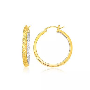 Two Tone Yellow and White Gold Petite Patterned Hoop Earrings