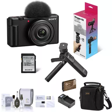 image of Sony ZV-1F Vlogging Camera, Black Bundle with ACCVC1 Vlogger Accessory Kit, Shoulder Bag, Extra Battery, Charger, Screen Protector, Cleaning Kit with sku:isozv1fbvek-adorama