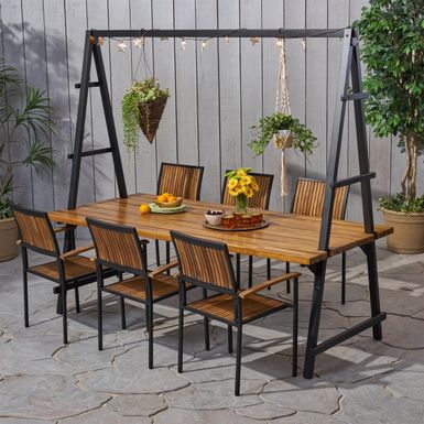 image of Andrea Outdoor 6 Seater Acacia Wood and Planter Dining Set by Christopher Knight Home - Teak Finish+Black with sku:tqcqf9bkviinmeotobhhdastd8mu7mbs-overstock