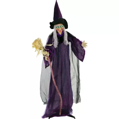 Life-Size Animatronic Witch with Broomstick, Lights and Sound, Indoor/Covered Outdoor Halloween Decoration